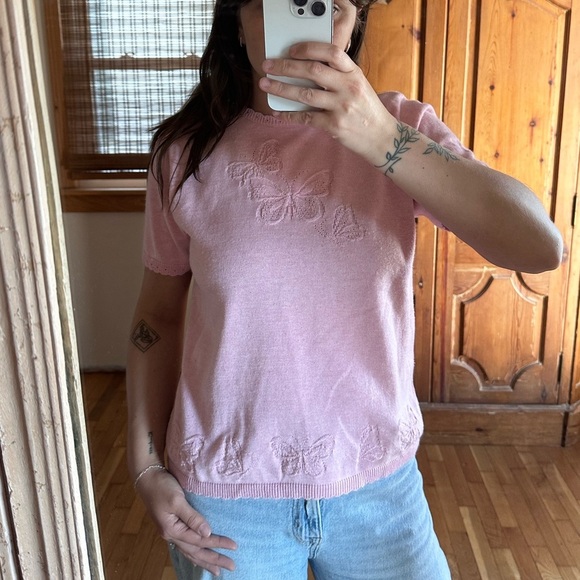 Alfred Dunner Medium Pink Scalloped Edge Butterfly Pink Knit Top - Picture 1 of 12